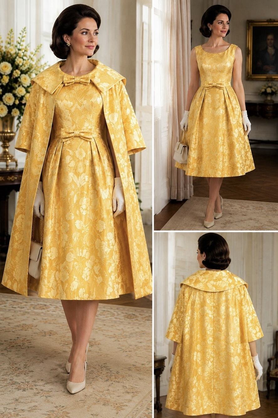 Vintage 60s Mardi Gras New York Gold Brocade Dress Cape Set Sz 14 Jackie O